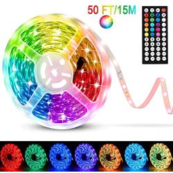 EVISWIY Christmas LED Strip Lights 50 ft for Bedroom with Remote 44 Key IR SMD Color Changing 5050 RGB Flexible LED Tape Lights Lighting for Ceiling Room Under Cabinet Bar Christmas