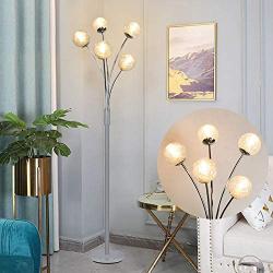 Modern Globe LED Floor Lamps for Living Room-DLLT Standing Lamps with 5 Lights for Bedroom, Tall Pole Tree Accent Lighting for Mid Century, Contemporary Home, G9 Bulb(Not Included) Glass Shade Silver