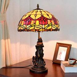 Tiffany Style Tulip Table Lamp, 12 inch Stained Glass Shade Desk Lamp, Angel Resin Base Decoration Bedside Lamp/Nightstand Lamp for Living Room Bedroom, 20 inch Tall