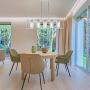 FIMITECH Chandeliers Contemporary Rectangle 5-Light Dining Room Lighting, Adjustable Rods, Fixtures Hanging, Ceiling Light Kitchen Island Cage Pendant Lights with Glass Shade (Chrome)