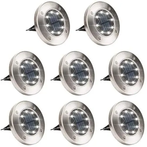 GIGALUMI 8 Pack Solar Ground Lights, 8 LED Solar Powered Disk Lights Outdoor Waterproof Garden Landscape Lighting for Yard Deck Lawn Patio Pathway Walkway (White)