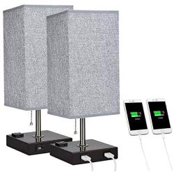 DLLT Modern USB Table Lamp with Dual Charging Ports, Bedside Desk Lamp, Square Grey Fabric Shade Nightstand Light with Metal Base for Bedroom/Study Room/Living Room E26 Bulb Included(Pack of 2)