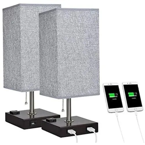 DLLT Modern USB Table Lamp with Dual Charging Ports, Bedside Desk Lamp, Square Grey Fabric Shade Nightstand Light with Metal Base for Bedroom/Study Room/Living Room E26 Bulb Included(Pack of 2) DLLT Modern USB Table Lamp with Dual Charging Ports, Bedside Desk Lamp, Square Grey Fabric Shade Nightstand Light with Metal Base for Bedroom/Study Room/Living Room E26 Bulb Included(Pack of 2)