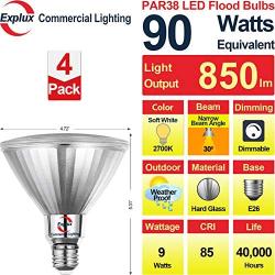 Explux 90W Equivalent Classic Full Glass LED PAR38 Spotlight Bulbs, 30° Spot Beam, 2700K 4-Pack, Dimmable, Outdoor Weatherproof, Soft White