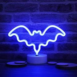 LED Neon Bat Lights, Bat Shape Neon Signs Night Lights Battery Operated Desk Table Lamp for Bedroom, Bar, Wall, Halloween Decor-Bat with Holder Base(Blue)