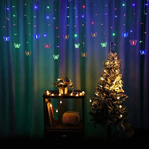 Curtain Butterfly String Light, 8 Modes 120 LED Curtain Fairy Lights, 14.8Ft Butterfly Twinkle Lights with Remote Control for Bedroom Weddings Christmas Tree Decoration (Multicolor, 14.7ft x 1.9ft)