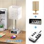 Table Lamp - Bedside Table Lamps with 4 USB Ports and AC Power Outlets, Alarm Clock Base w/ 6Ft Extension Cord, Square Oatmeal Fabric Lampshade Modern Accent Nightstand Lamps for Bedrooms Living Room