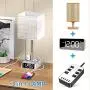 Table Lamp - Bedside Table Lamps with 4 USB Ports and AC Power Outlets, Alarm Clock Base w/ 6Ft Extension Cord, Square Oatmeal Fabric Lampshade Modern Accent Nightstand Lamps for Bedrooms Living Room