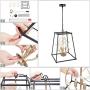 LALUZ Modern Industrial Metal Chandeliers with Crystal, Black Farmhouse Chandelier Pendant Light, 3 Light Square Cage Chandeliers for Foyer, Dining Room, Kitchen, Hallway