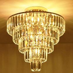 MonDaufie Crystal Chandelier 10 Lights Dimmable Gold Crystal Chandelier Semi Flush Mount Ceiling Light Fixture for Living Room Dining Room Bedroom Bathroom, H20.5 x D20