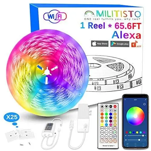 Militisto LED Light Strips 65.6ft (1-Pack) - Alexa Smart LED Strip Lights Compatible with Echo,Google Home - Music LED Lights for Bedroom,Aesthetic Room Decor,Smart Home, Home Decorations, Dorm Decor