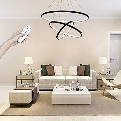 Modern LED Circle Hanging Pendant Light, Contemporary Dimmable Ceiling Chandelier with Remote Control Adjustable 3 Rings Pendant Light Fixture for Living Room Entryway Dining Room Bedroom, Black