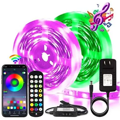 BIHRTC RGB Led Strip Lights 50ft Led Music Sync Color Changing Lights with Music Remote Controller and Power Supply 5050 15m Led Lights for Room Bedroom Party