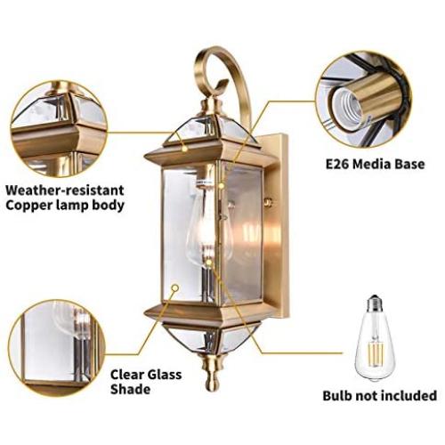 Gaze Outdoor Wall Lights 16.9''H Exterior Wall Lantern,Oil Rubbed Brass Wall Sconce Light Fixtures with Clear Glass for Patio, Garage, Front Porch 1 Pack,Bulb Not Included