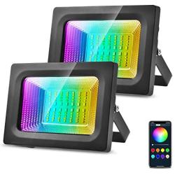 Viugreum 2 Pack Smart Outdoor Flood Lights 24W, RGB WiFi Voice Control LED Lights Color Changing Outside Floodlights Multicolor Dimmable, IP65 AC100-240 Light Stage Lighting Compatible with A-Lexa