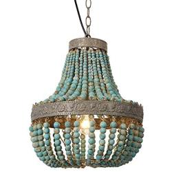 Newrays Wood Bead Chandelier Pendant Lights Gray Blue Finishing Retro Vintage Antique Rustic Kitchen Ceiling Lamp Light Fixtures (Grey Blue)