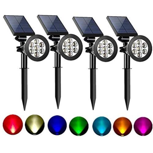 Sunklly Solar Spot Lights Outdoor 2-in-1 Colored Adjustable 7 LED Waterproof Security Tree Spotlights Lawn Step Walkway Garden Changing & Fixed Color (4 Pack)