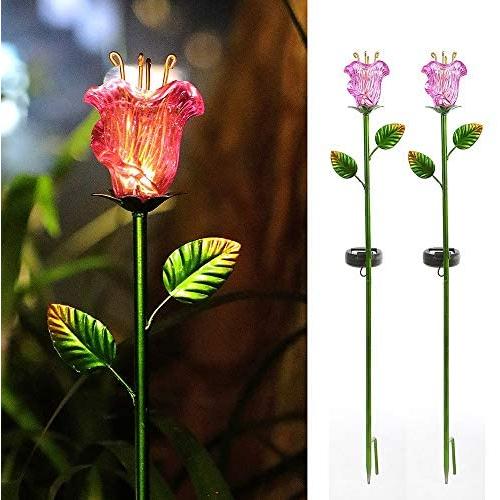 Joyathome Outdoor Solar Garden Stake Lights, 2 Pack Solar Powered Stake Lights with Pink Glass Lily Flower,Warm White LED Solar Metal Landscape Decorative Lights for Patio,Yard Decoration