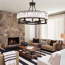 CROSSIO 6 Lights Luxury Round Crystal Chandelier Vintage Black Iron Pendant Light for Dining Room Bedroom Living Room D25.6'' x H20''
