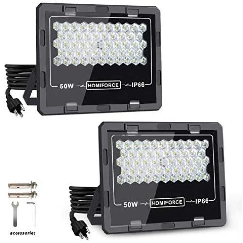 HOMIFORCE 2 Pack 50W LED Flood Light with Plug,6000lm Super Bright LED Work Light,IP66 Waterproof Outdoor Plug in Garage Lights,6000K Floodlight for Yard,Garden,Playground,Basketball Court(50)