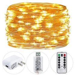 HSicily Fairy Lights Plug in, 8 Modes 33ft 100 LED USB String Lights with Adapter Remote Timer Warm White Twinkle Lights for Christmas Thanksgiving Bedroom Patio Wedding Party Indoor Outdoor