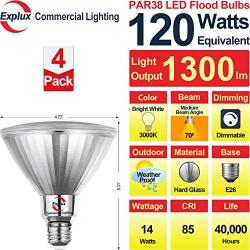 Explux 120W Equivalent Classic Full Glass LED PAR38 Flood Light Bulbs, 1300 Lumens, 3000K 4-Pack, Dimmable, Outdoor Weatherproof, Bright White