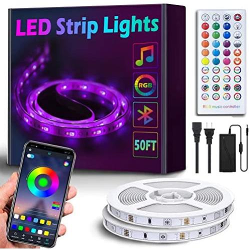 50Ft/15M Bluetooth RGB LED Strip Lights - Music Sync LED Light Strip Controlled by Smart Phone APP - 450LEDs RGB LED Light Strips Full Kit with Remote Controller for Party, Living Room
