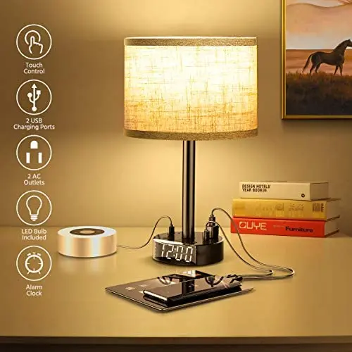 Table Lamp With Alarm Clock, Touch Control Desk Lamp with 2 USB Ports&amp; 2 AC Outlets, Alarm Clock Charging Base w/6Ft Power Cord, 3 Level Brightness Modern Nightstand Lamps for Bedroom Dorm Living Room