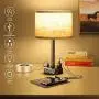 Table Lamp With Alarm Clock, Touch Control Desk Lamp with 2 USB Ports&amp; 2 AC Outlets, Alarm Clock Charging Base w/6Ft Power Cord, 3 Level Brightness Modern Nightstand Lamps for Bedroom Dorm Living Room