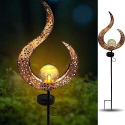 X-PREK Solar Garden Pathway Lights,LED Waterproof Crackle Glass Globe Stake Metal Lights for Patio Yard Wallkway Lawn Decorative(Flame Pattern)