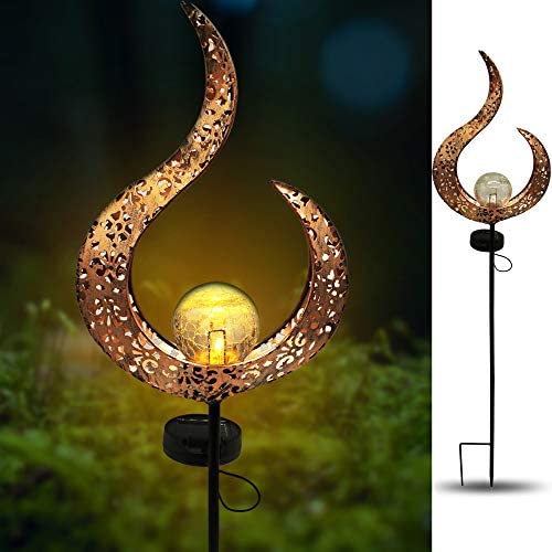 X-PREK Solar Garden Pathway Lights,LED Waterproof Crackle Glass Globe Stake Metal Lights for Patio Yard Wallkway Lawn Decorative(Flame Pattern)