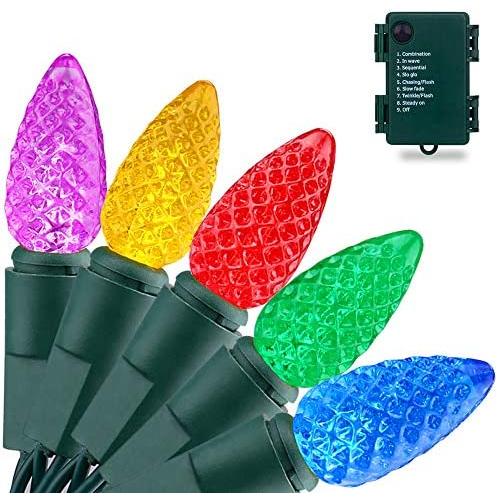 RECESKY C3 Bulbs Christmas String Lights with Timer - 50 LED 16.4ft Battery String Lights for Outdoor and Indoor, Fairy Lighting for Garden, Yard, Garland, House, Xmas Tree, Christmas Decorations