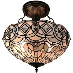 Tiffany Style Lamp Semi Flush 16'' Wide Stained Glass White Mahogany Antique Vintage Light Decor Restaurant Game Living Dining Room Kitchen Gift AM231HL16 Amora Lighting