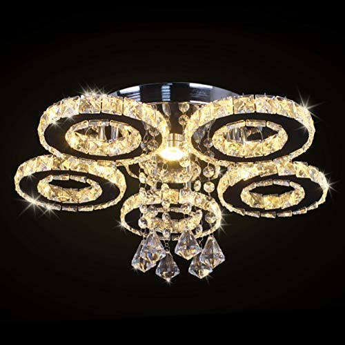 TongLan Modern Crystal Ceiling Light Fixture Flush Mount Pendant Chandelier Lighting 5 Rings Round LED Ceiling Lamp for Living Room Bedroom Kitchen (Warm White)