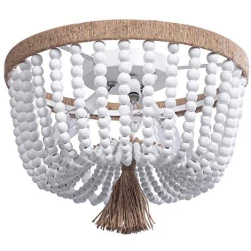 VILUXY Bohemia Wood Beaded Flush Mount Ceiling Light Antique Rustic Mini Chandelier White Finishing for Bedroom, Kitchen Island, Gril Room 3-Light