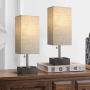 OYEARS Table Lamps Set of 2 Built in Dual USB Charging Port Bedside 15.5“ Table Lamp with Dual AC Power Outlets for Bedroom Living Room Office Study Room Linen Fabric Shade