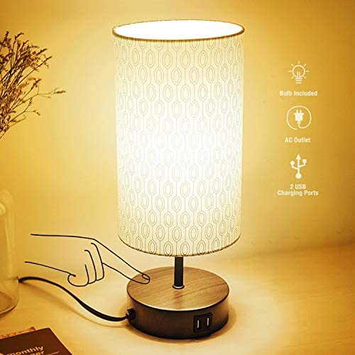 3-Way Touch Control Dimmable Table Lamp Modern Bedside Nightstand Lamps, with 2 USB Charging Ports, Fabric Round Lampshade, 100W Equivalent Vintage LED Bulb Included, Round Lampshade for Bedroom Livin