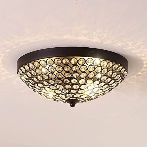 FERWVEW Modern 2 Lights 11.8'' Flush Mount Crystal Ceiling Light Fixtures, Black Sparkling Bowl Shape Chandeliers Ceiling Lamp for Bedroom Living Room Kitchen Hallway Dining Kids Room