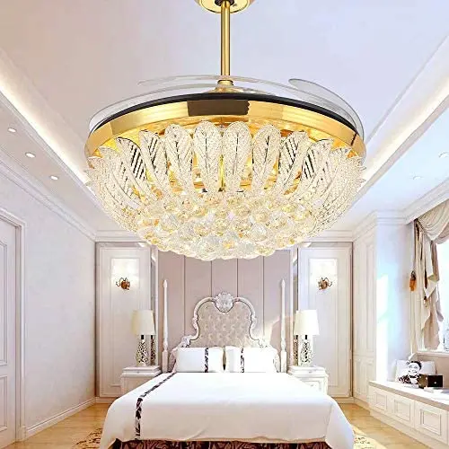 YEELED Light 42'' Remote Control Crystal Ceiling Fans with 3 Changing Light and 4 Retractable Blades Ceiling Fan Chandelier for Living Room Bedroom Dining Room Light Kits Reversible Ceiling Fans with Lights(Gold)