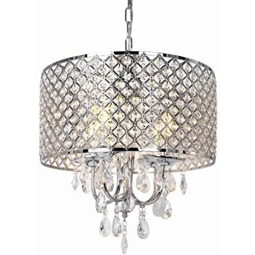 16.5 inch 4-Light Crystal Chandelier Ceiling Light with Beaded Round Drum Metal Shade, Antique Chrome Finish Pendant Lighting, Hanging Lamp for Hallway, Kitchen, Dining Room, Living Room