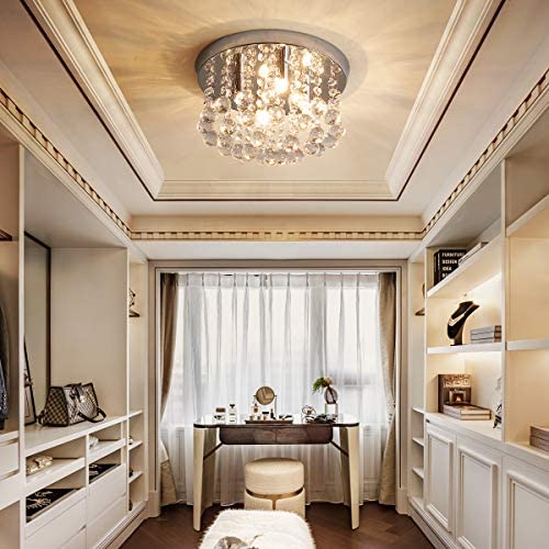 PUSU Crystal Light Fixture Flush Mount Chandelier Ceiling Light 4G9 Elegant Design Diameter 11.8'' Light Fixture Ceiling Chandelier Chrome Base Special for Bedroom Living Room Hallway Dining Room