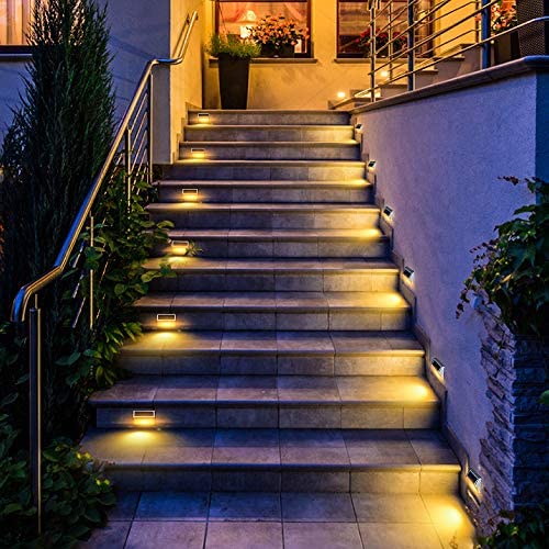 DBF 30 LED Solar Step Lights Outdoor【6 Pack】Waterproof Solar Stair Lights Stainless Steel Solar Powered Deck Lights Auto On/Off for Porch Deck Steps Patio Stairs (Warm White)