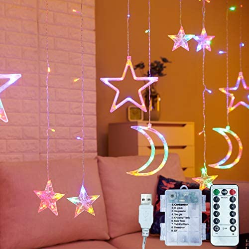 3.5M Decorative Starry String Curtain Lights Moons and Stars LED Night Light for Home Decoration Party,Remote Control AA Supply Battery/USB Powered