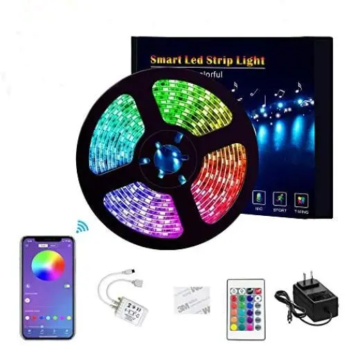 16.4Ft/5M LED Strip Lights, Timelux Smart LED Light Strips 12V Brighter 5050 LEDs LED Tape Light with LED Music Sync Color Changing 24 Keys IR Remote for TV Bedroom Kitchen Desk Parties