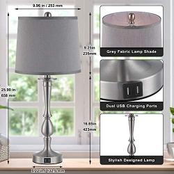 USB Table Lamp Set of 2 Bedside Lamp with USB Port, Kakanuo Grey Bedside Table Lamp 25.9” Nickel Finish, Modern Nightstand Lamps Table Lamps for Living Room, Bedroom and Office (Set of 2)