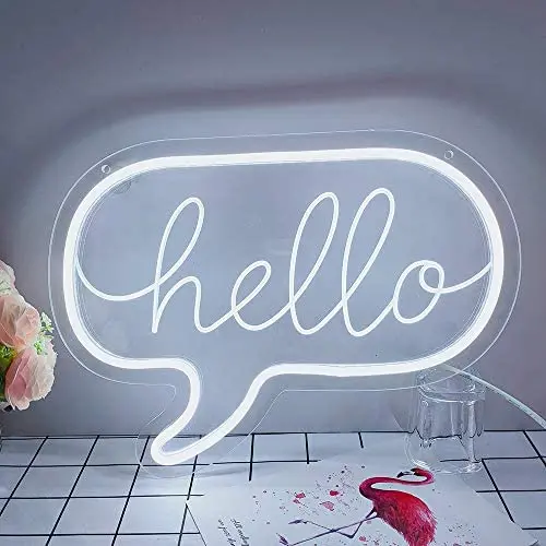 Divatla Unique White Neon Sign Hello for Bar Iconic Game Room,Hello Neon Sign with 3D Art, Powed by USB Neon Sign. Neon Light Sign with Dimmable Switch.