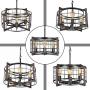 Bizinlumin Round Rustic Chandelier, Black Metal and Wood Farmhouse Drum Chandelier Lighting Industrial Cage Dining Room Foyer Pendant Light Fixture 4 Lights Edison E26 BY19002A