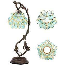 Tiffany Desk Lamp Stained Glass Table Reading Light Sea Blue Lover Flower Petals Copper Style Shade W6H20 Inch S700 WERFACTORY Lamps Lover Living Room Bedroom Study Desk Bedside Antique Crafts Gifts