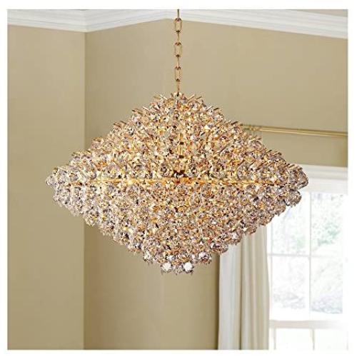 Essa Gold Large Pendant Chandelier 32'' Wide Crystal Diamond Shape 21-Light Fixture for Dining Room House Foyer Kitchen Island Entryway Bedroom Living Room - Vienna Full Spectrum