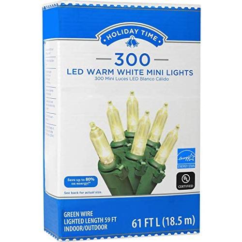 Holiday Time 300 LED String Lights Warm White Mini Lights 61 FT Long Plug in for Indoor Outdoor Christmas Tree Garden Wedding Party Decoration.